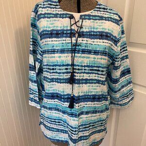 Ruby Rd. Watercolor Blue Tie Dye Linen Tunic Large 3/4 Length Sleeves Tie Front